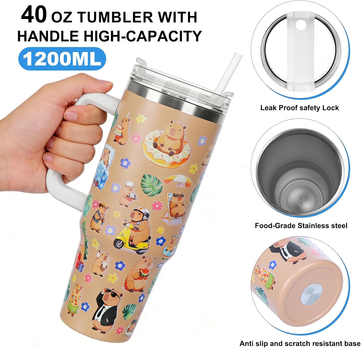 🐹Cute Capybara Stainless Steel Tumbler With Handle & Straw