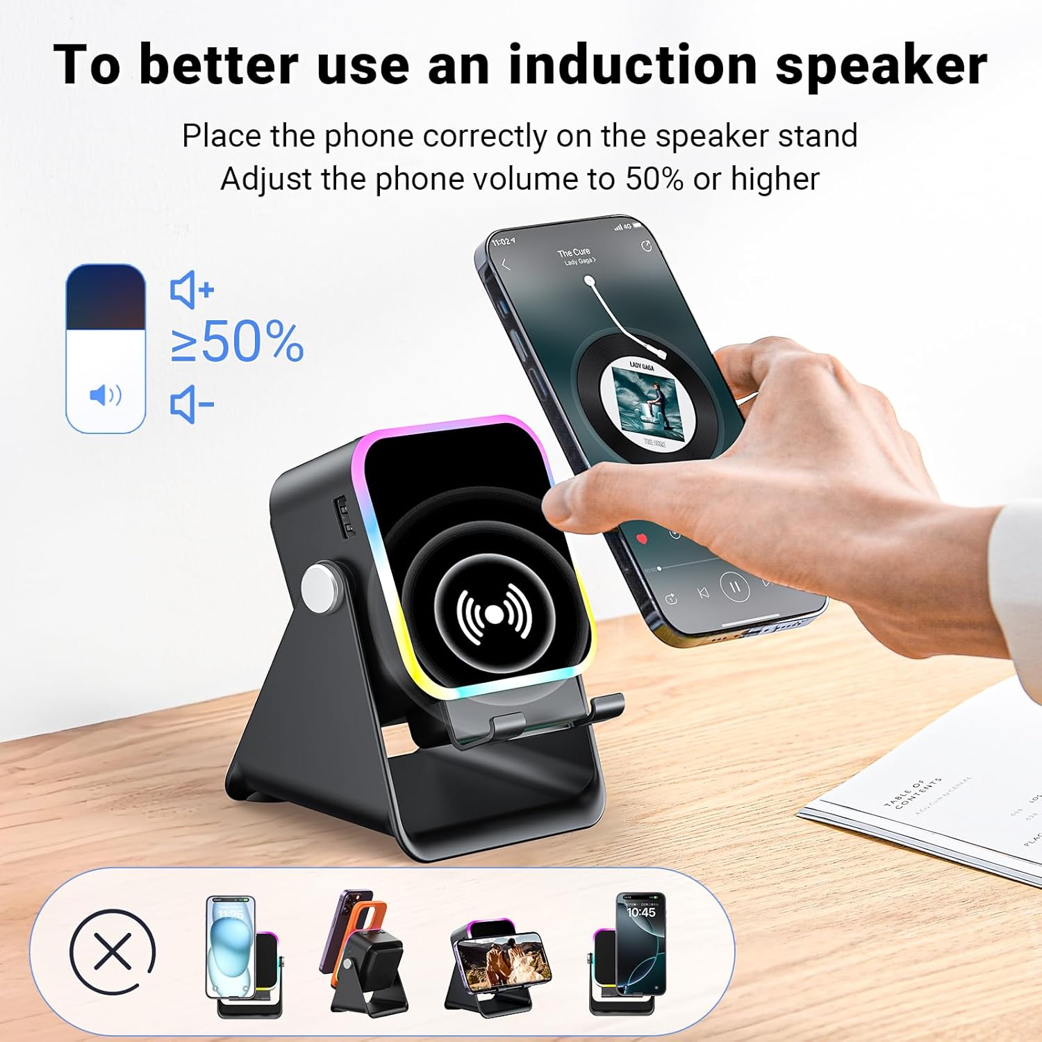 Smart Wireless Induction Speaker Phone Stand with Bluetooth 5.3 & RGB Light