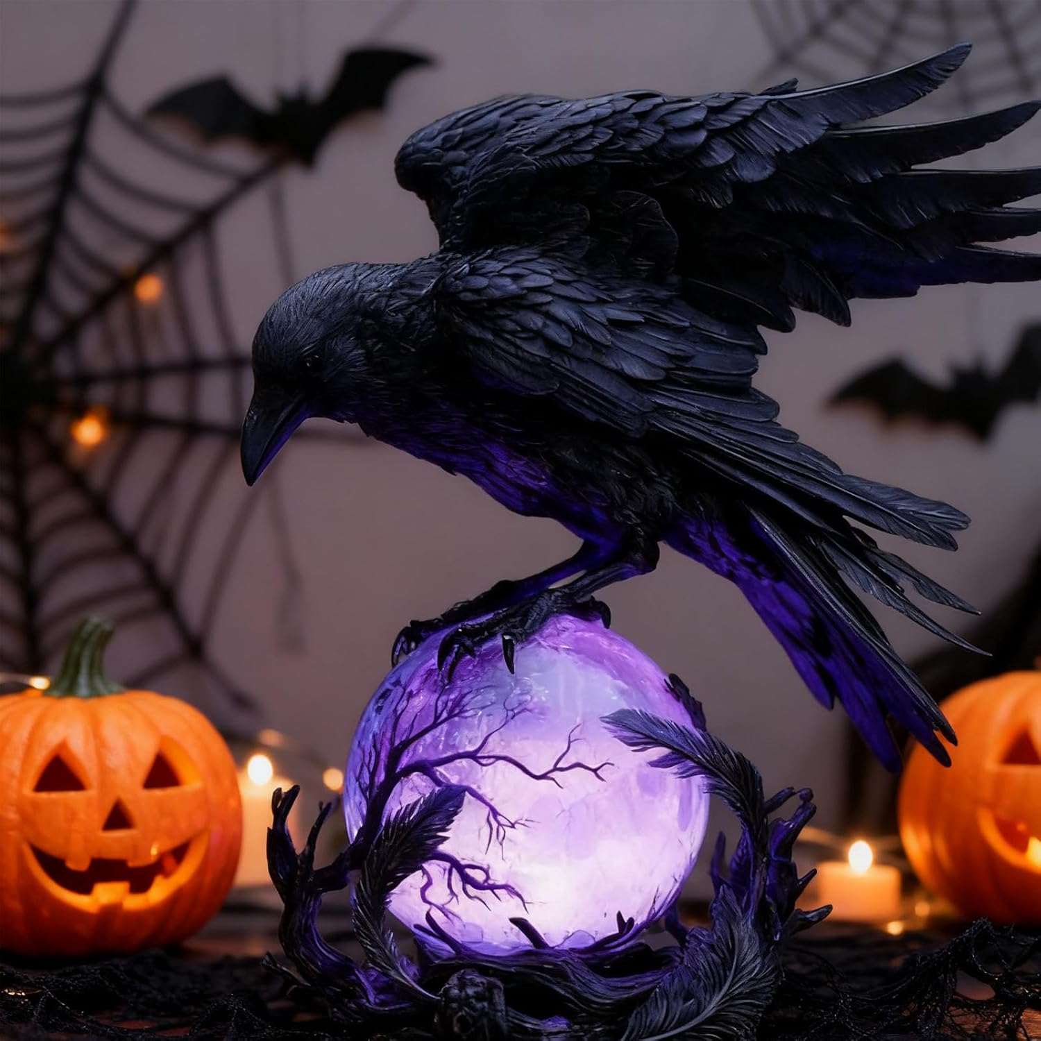 🌙🖤 “Raven’s Moonlight” Gothic LED Lamp – Mysterious Crow on Glowing Orb Sculpture ✨