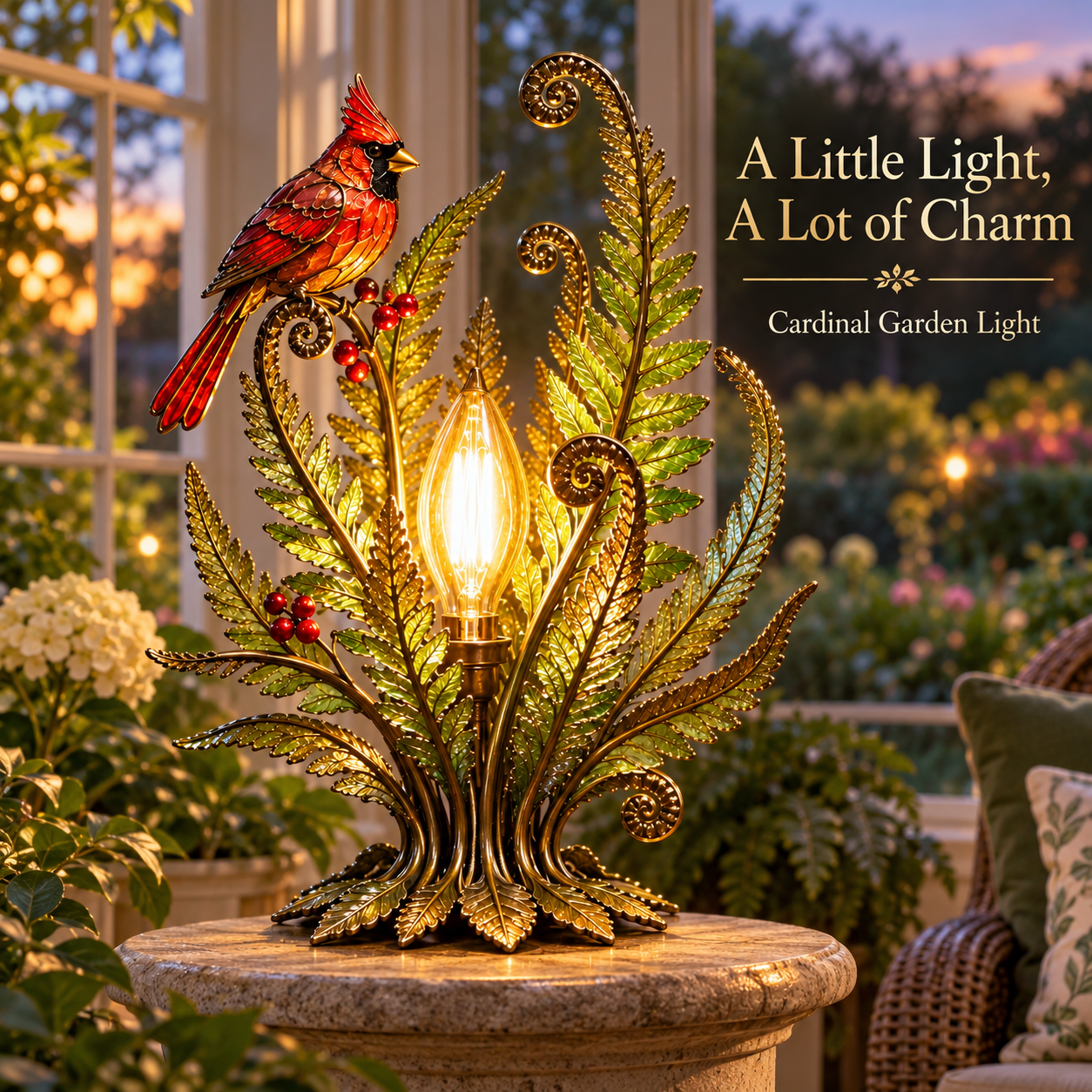 🐦 Cardinal Garden Glow Lamp – Vintage Bird & Botanical Table Light