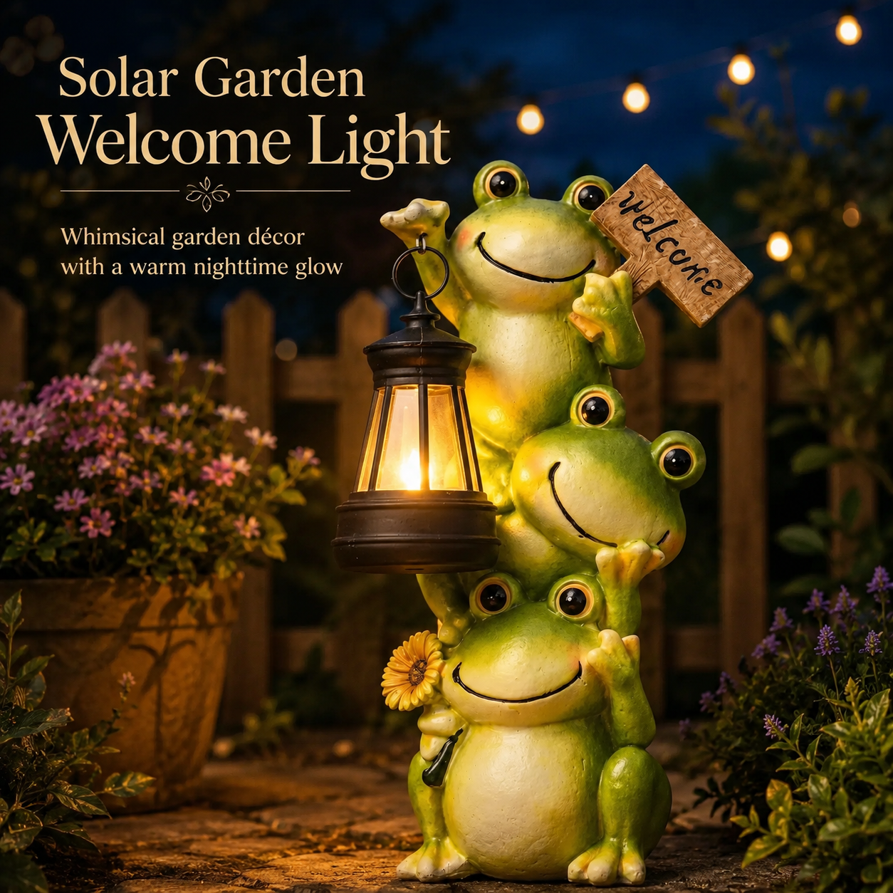 Stacked Frogs Solar Garden Statue with Lantern Light
