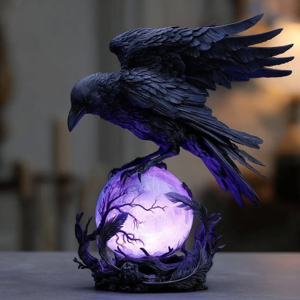 🌙🖤 “Raven’s Moonlight” Gothic LED Lamp – Mysterious Crow on Glowing Orb Sculpture ✨