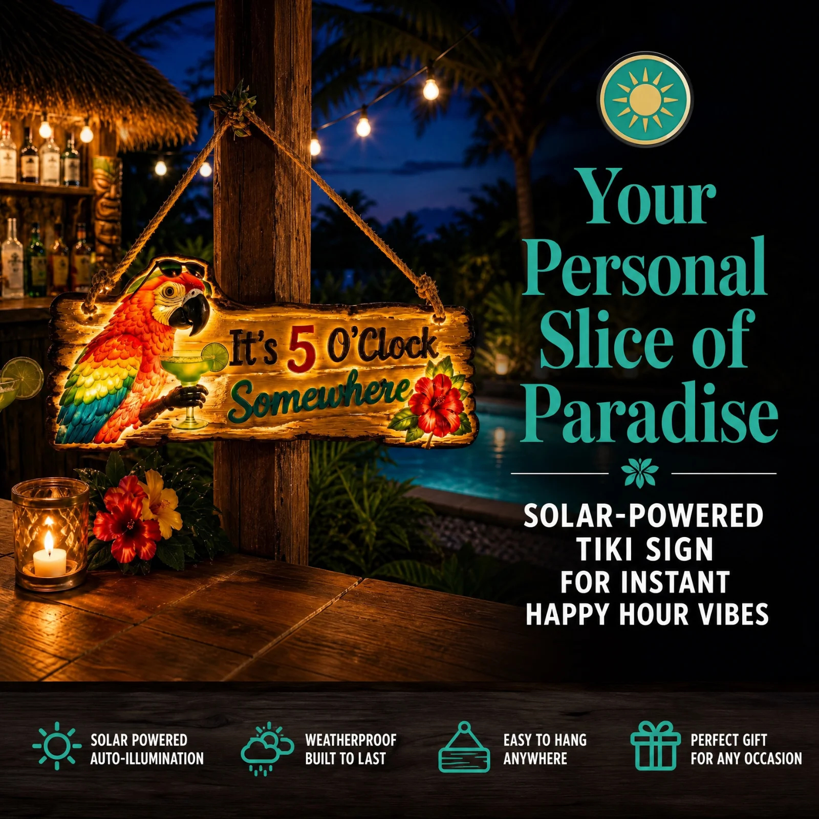 5 O’Clock Somewhere Parrot Hanging Sign – Tropical Bar Décor for Patio, Poolside & Home B