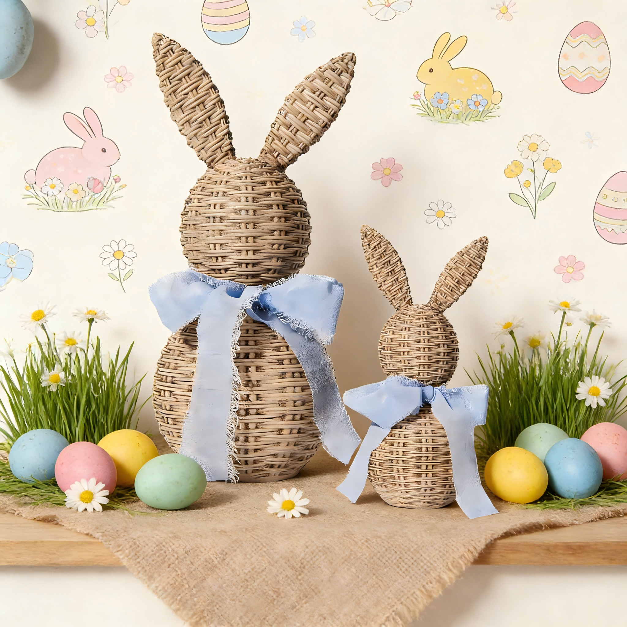 2Pcs Faux Wicker Easter Bunny Figurines