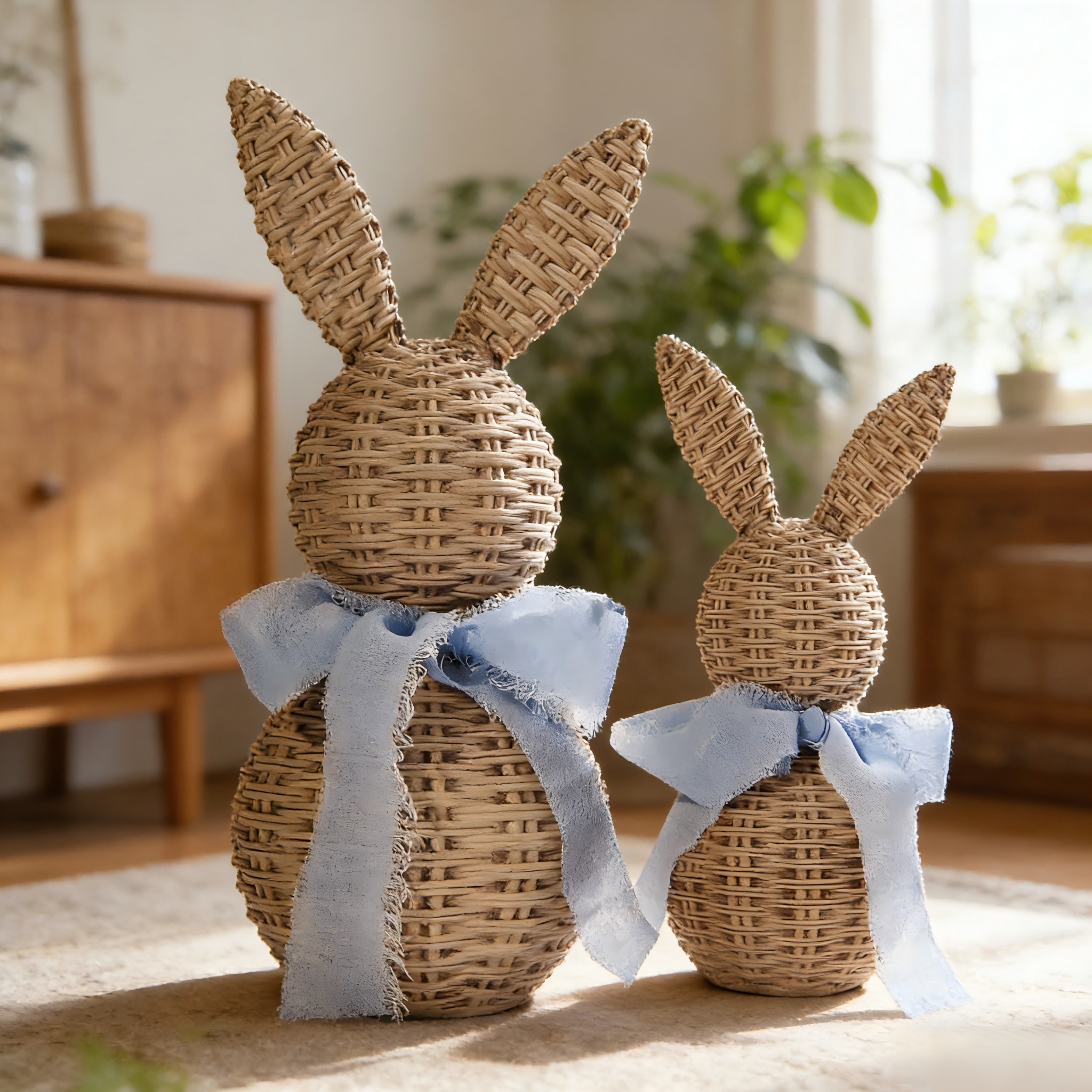 2Pcs Faux Wicker Easter Bunny Figurines