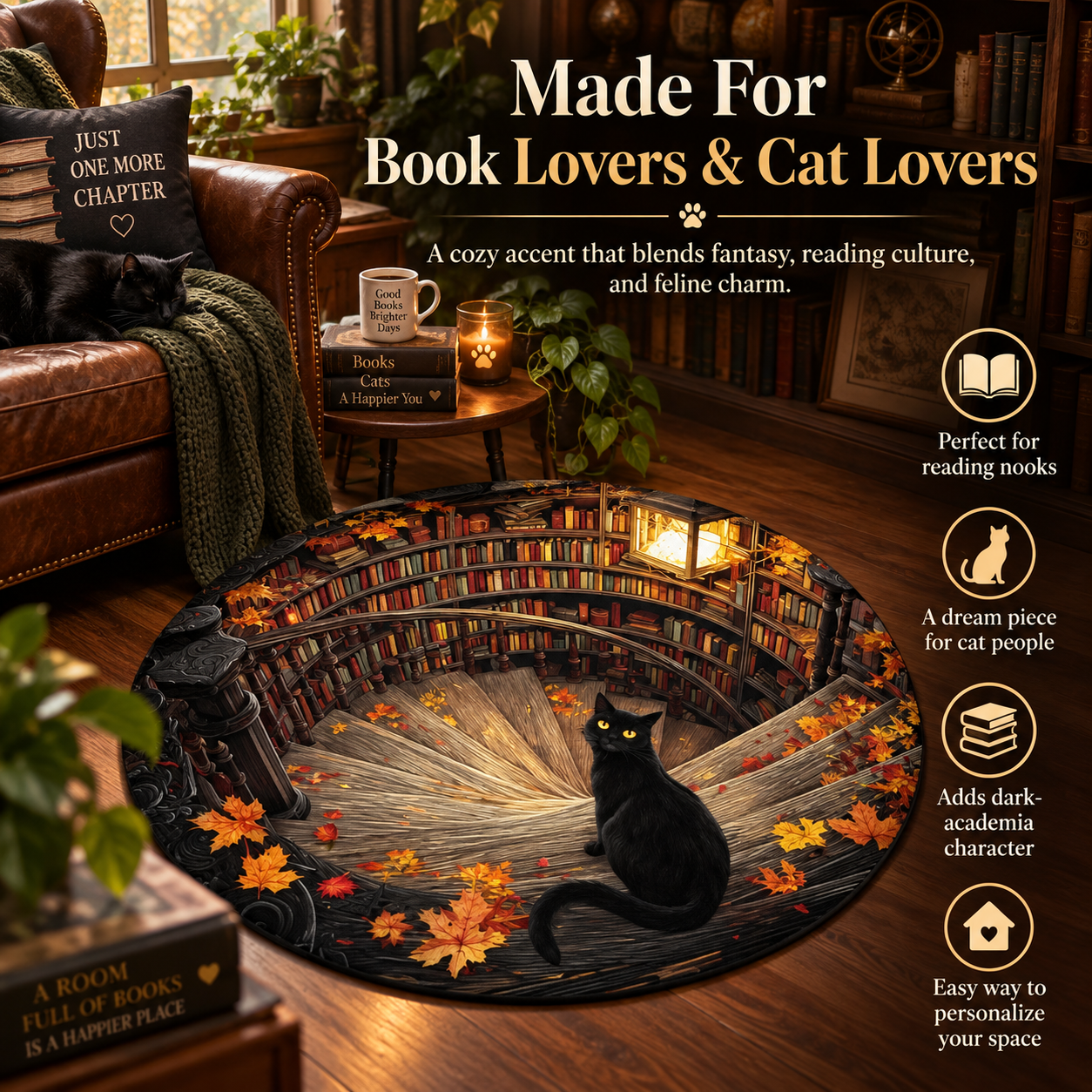 3D Black Cat Secret Library Illusion Rug