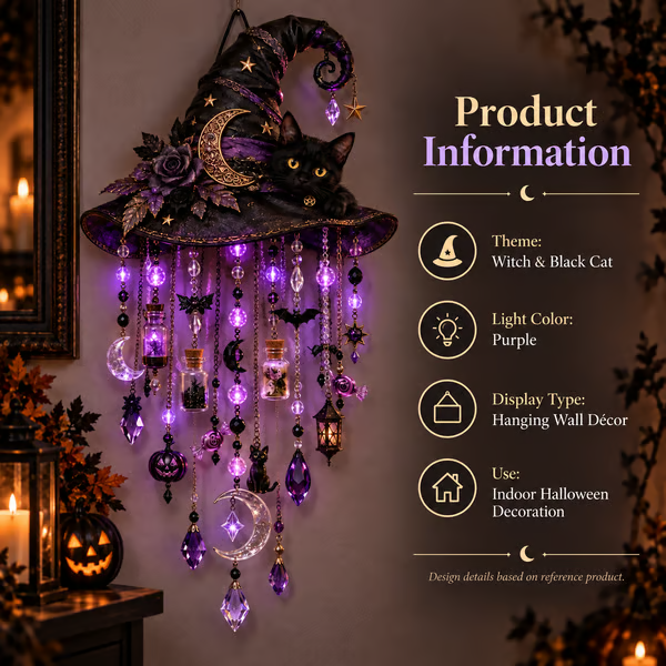 🧙‍♀️ Witch Hat & Black Cat Glow Cascade Wall Light
