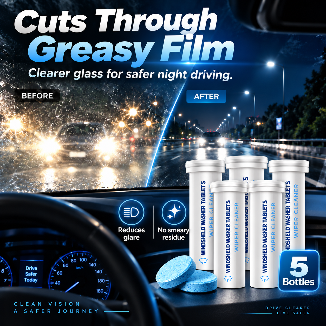 5-bottle Pack Windshield & Glass Cleaning Tablets – 75 Deep Cleaning Treatments