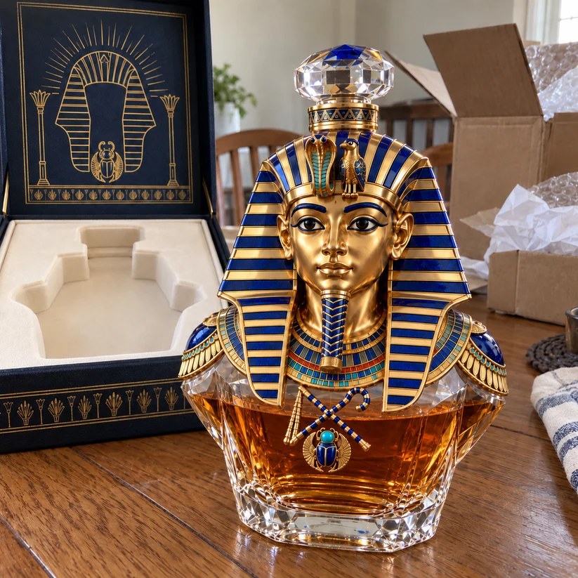👑 Tutankhamun Pharaoh Whiskey Decanter – Ancient Egyptian Golden Mask Inspired Collectible Bottle