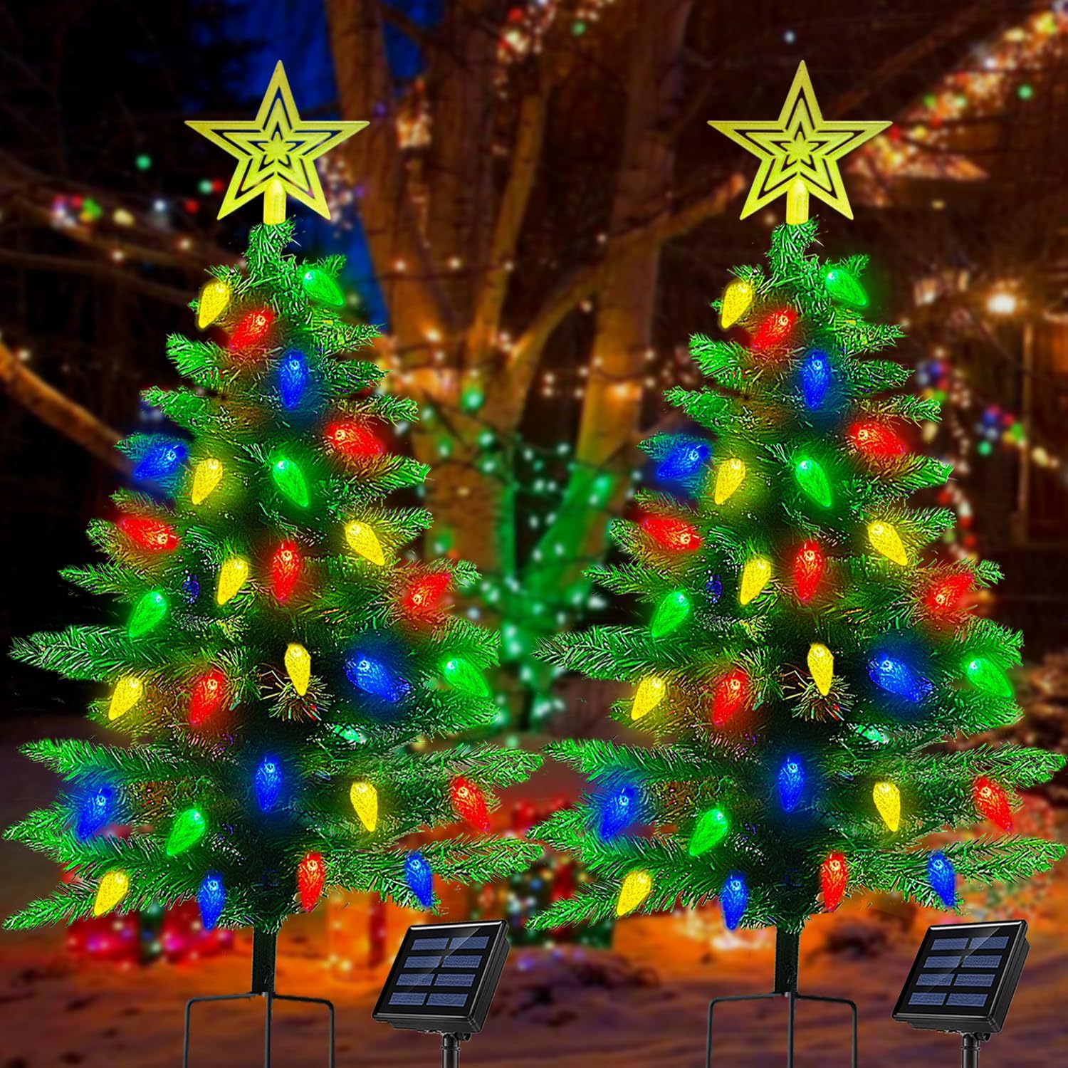 2-Pack 3.6FT Solar Pre-Lit Outdoor Christmas Trees