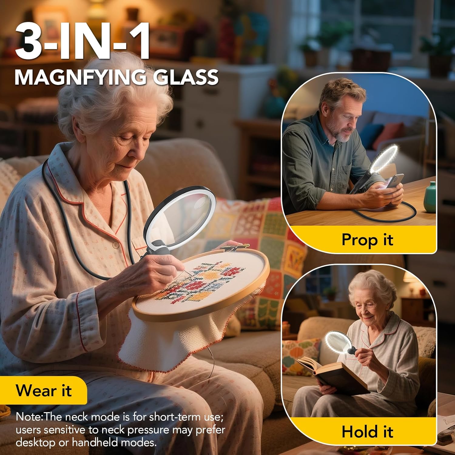 3-in-1 Hands-Free LED Magnifier with Anti-Glare Lens