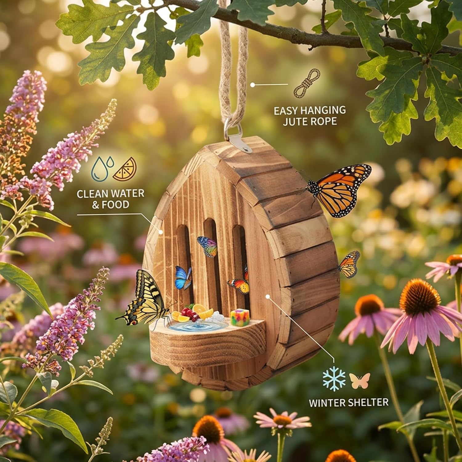 🦋Teardrop Shaped Wooden Butterfly House for Outdoor Garden