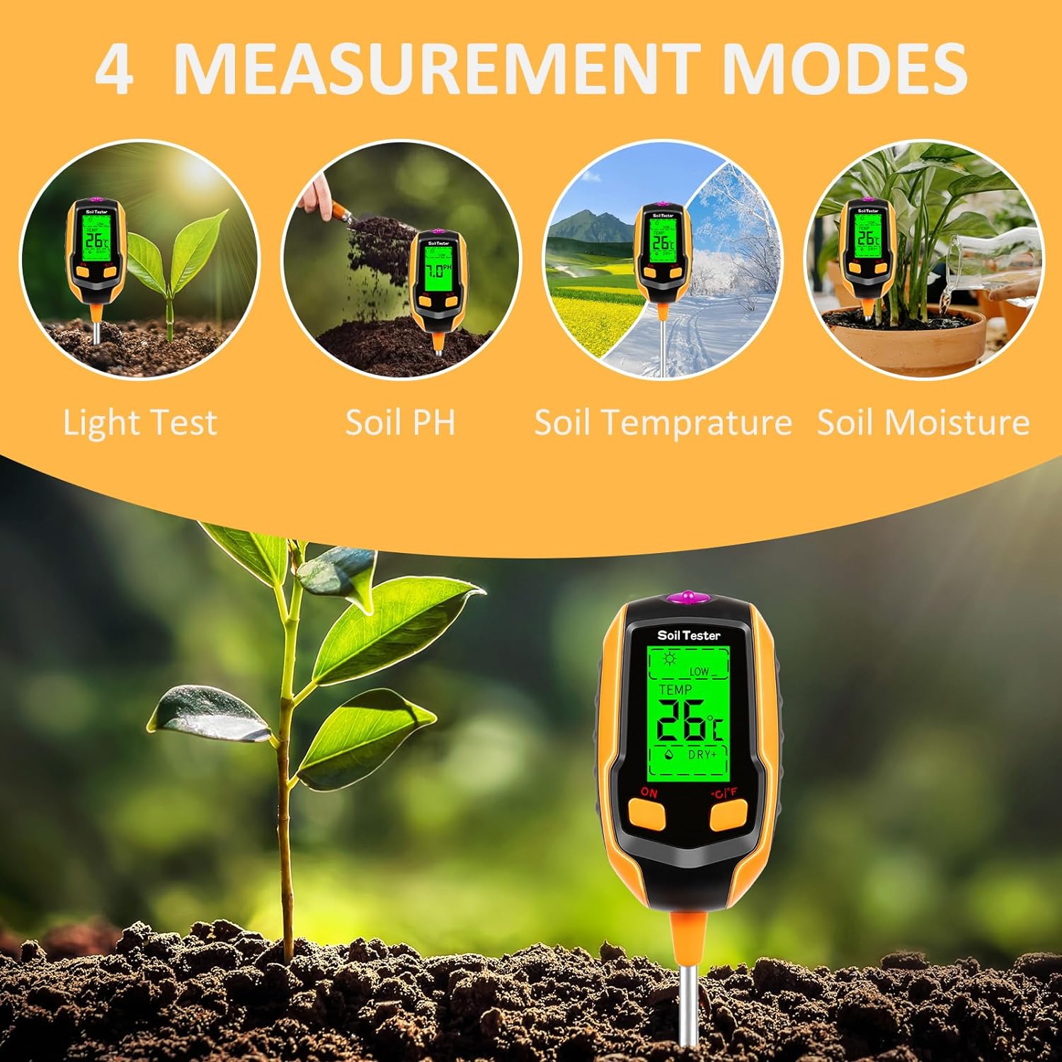 Soil Moisture Meter Digital Plant Temperature/Soil Moisture/PH Meter/Sunlight Intensity/Environment Humidity Backlight LCD display Soil Test Meter for Gardening, Farming and Outdoor Plants with 4 batteries