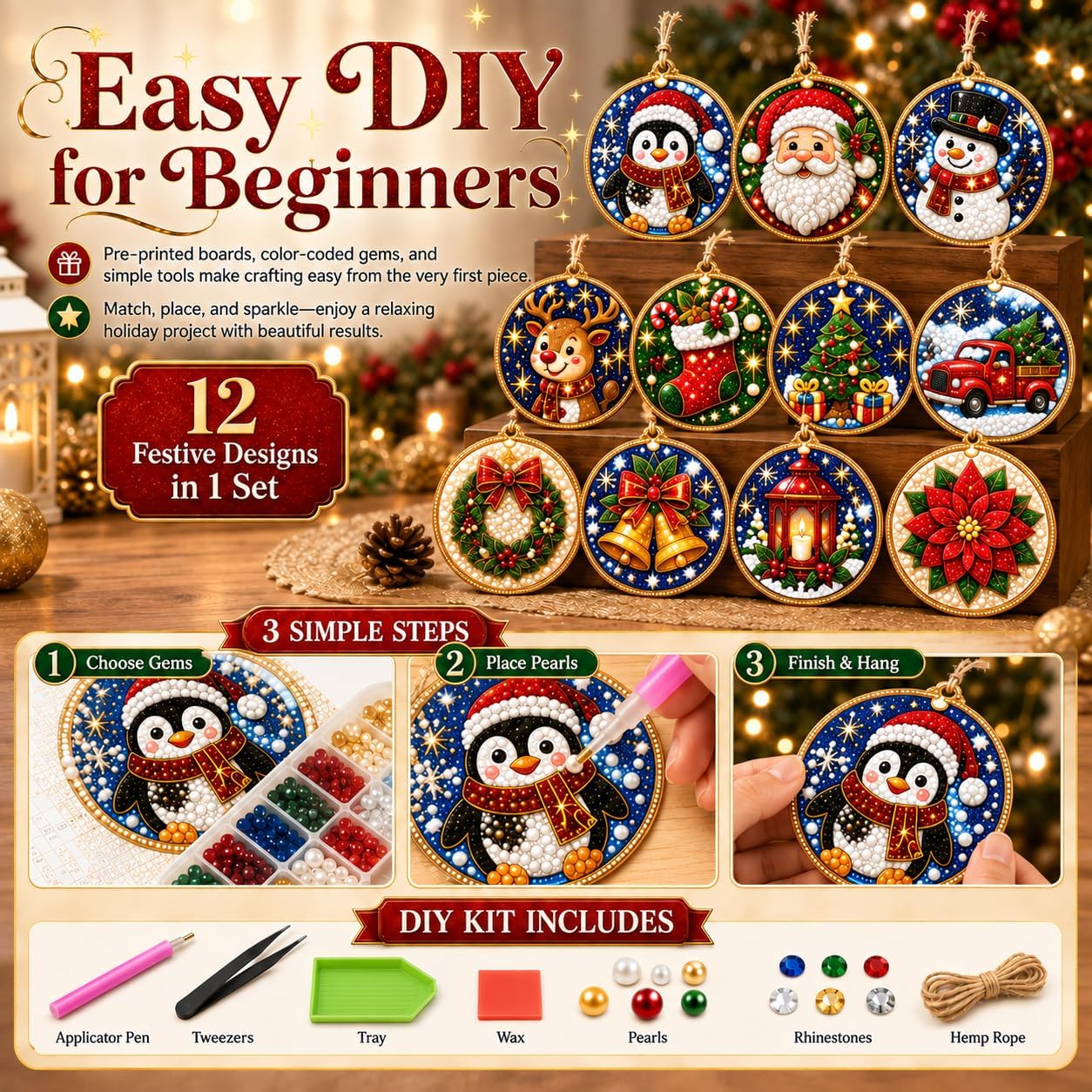12PCS Christmas Diamond Art Ornament Kit
