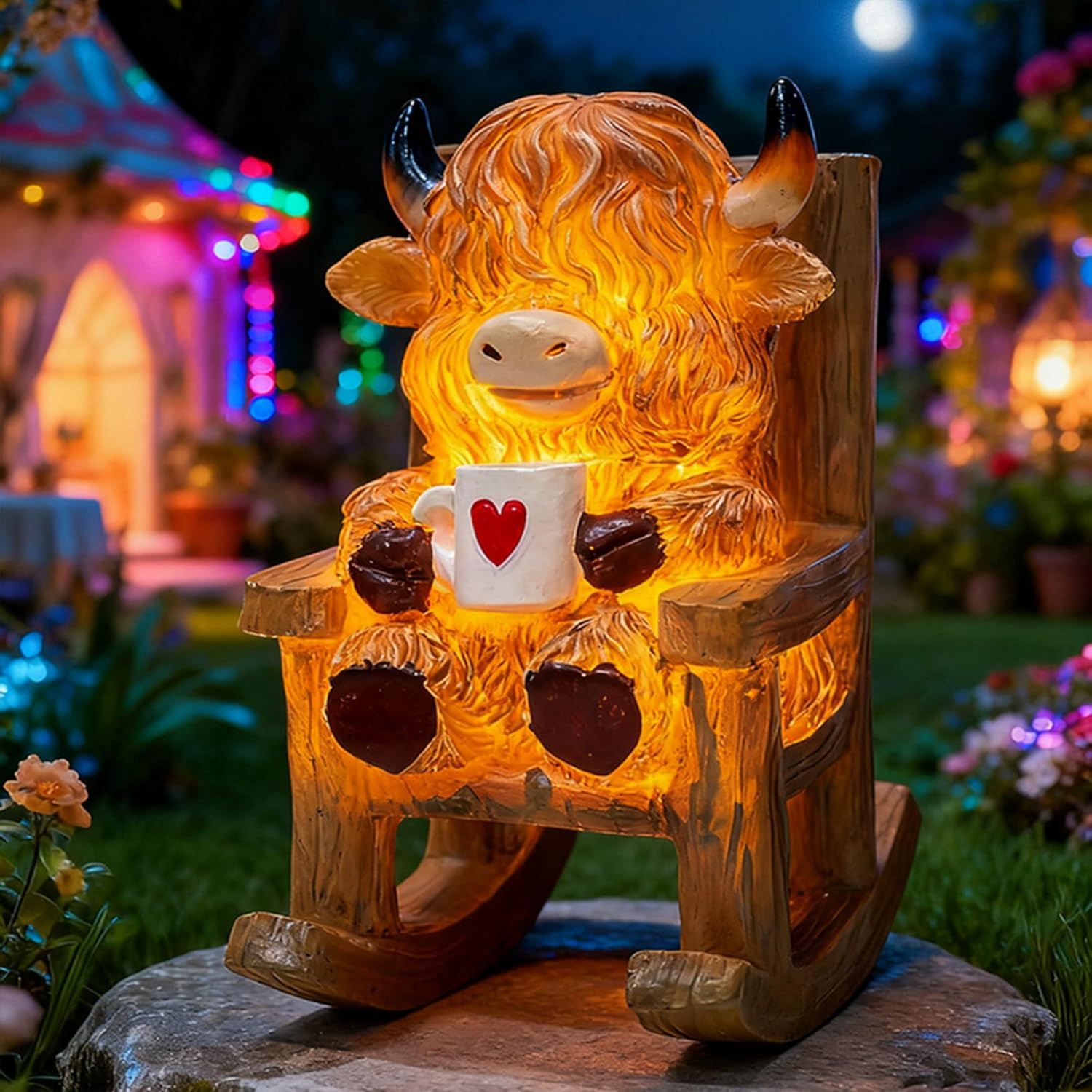 Highland Cow Resin Lamp – Waterproof Solar Glow Figurine