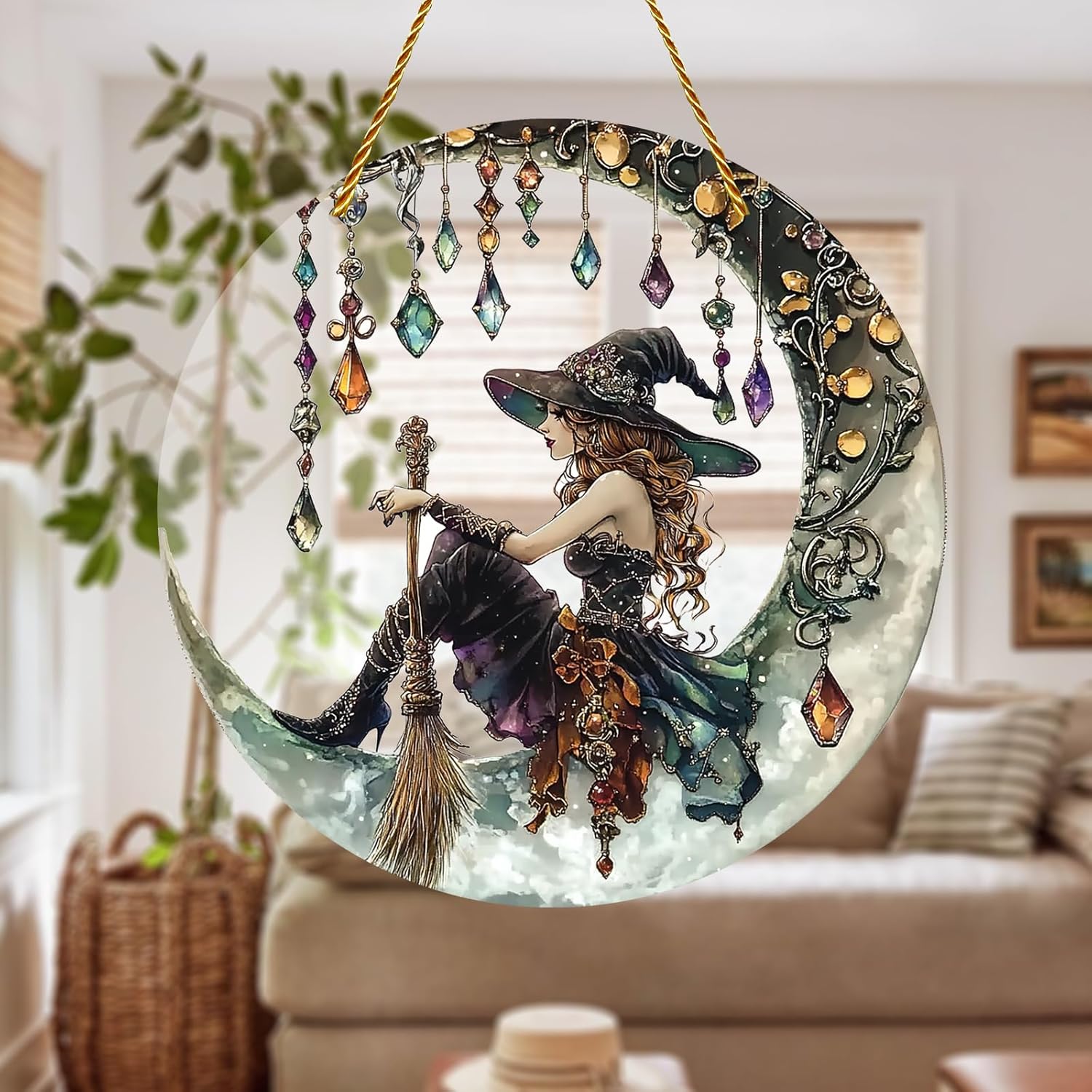Halloween Charming Moonlight Witch Glass Window Hanging Sun Catcher