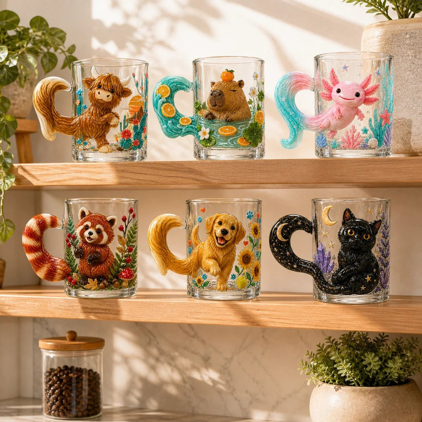 🐾 Whimsical 3D Animal Sculpted Glass Mug Collection | 12oz Premium Clear Glass with Raised Animal Figures, Character-Specific Details & Playful Sculptural Accents ✨