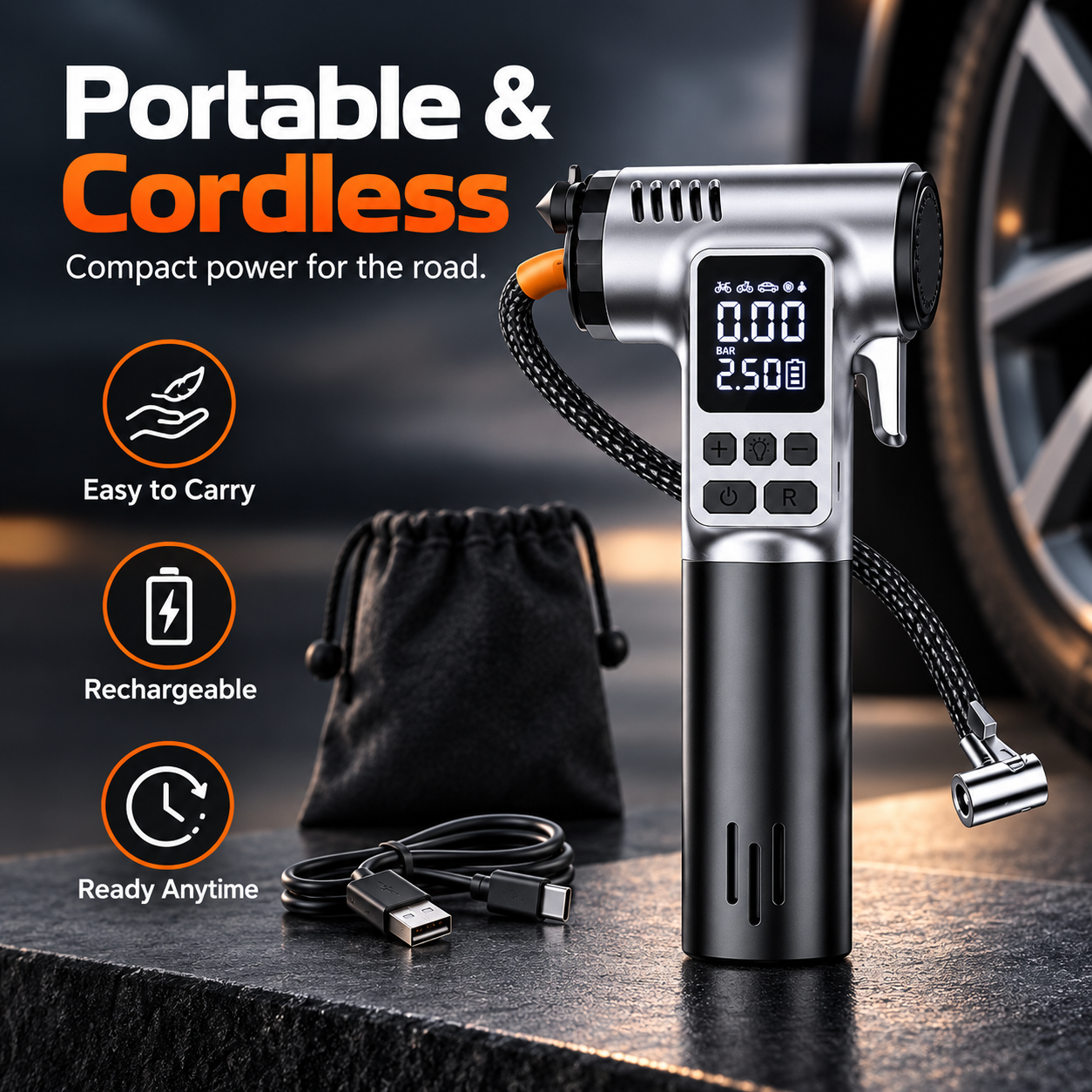Wireless Tire Inflator With Emergency Escape Tools
