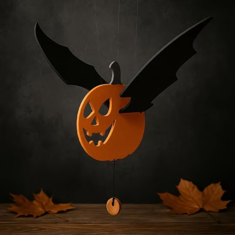 🎃 Flying Pumpkin Bat – Hanging Wooden Halloween