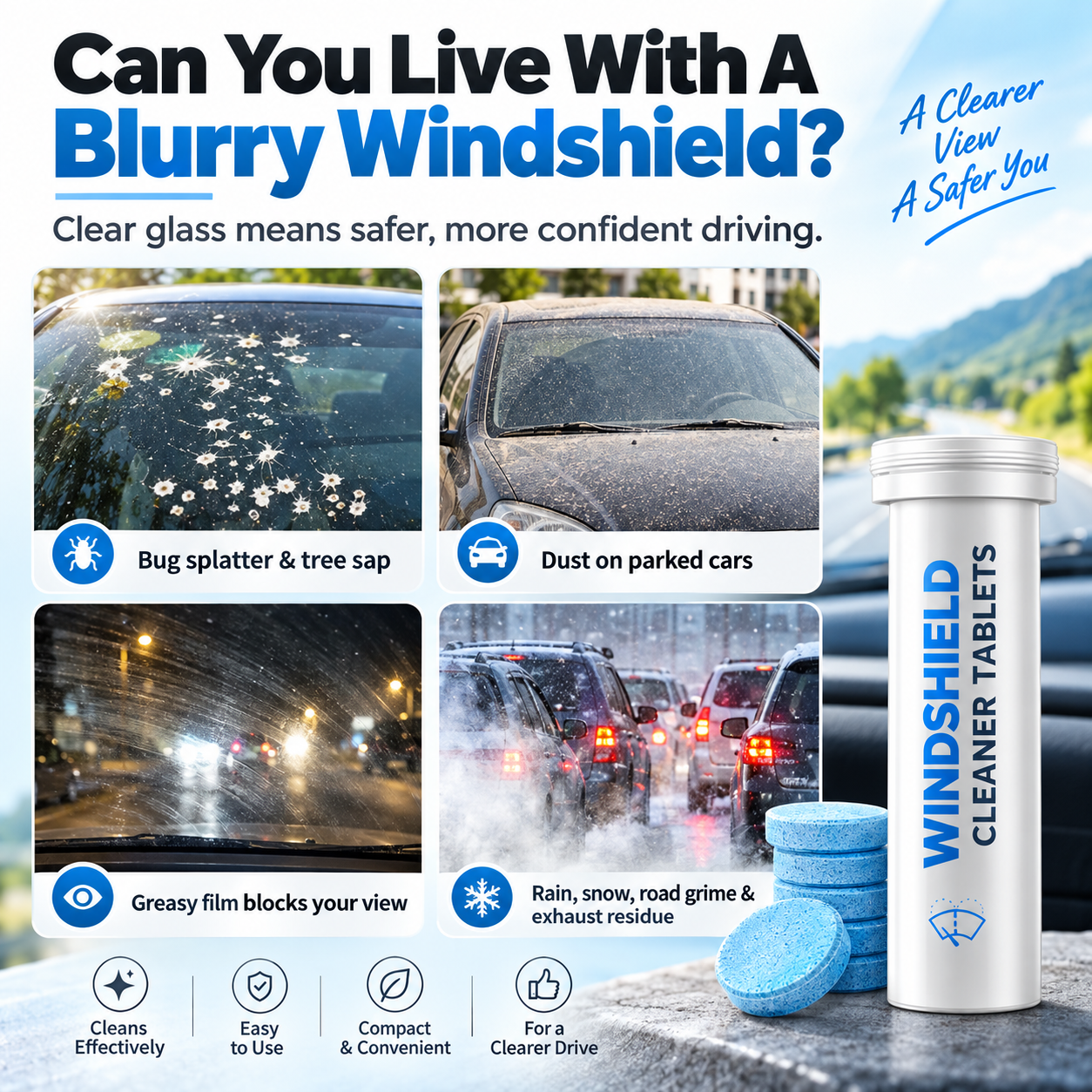 5-bottle Pack Windshield & Glass Cleaning Tablets – 75 Deep Cleaning Treatments