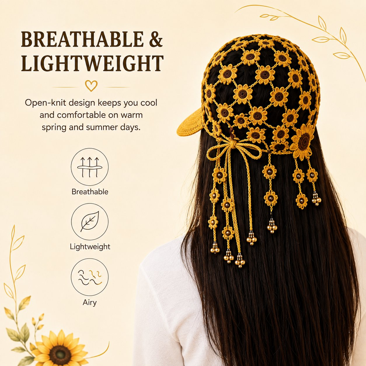 🌻Women’s Handmade Crochet Sunflower Baseball Cap – Hollow-Out Boho Summer Sun Hat with Decorative Tassels