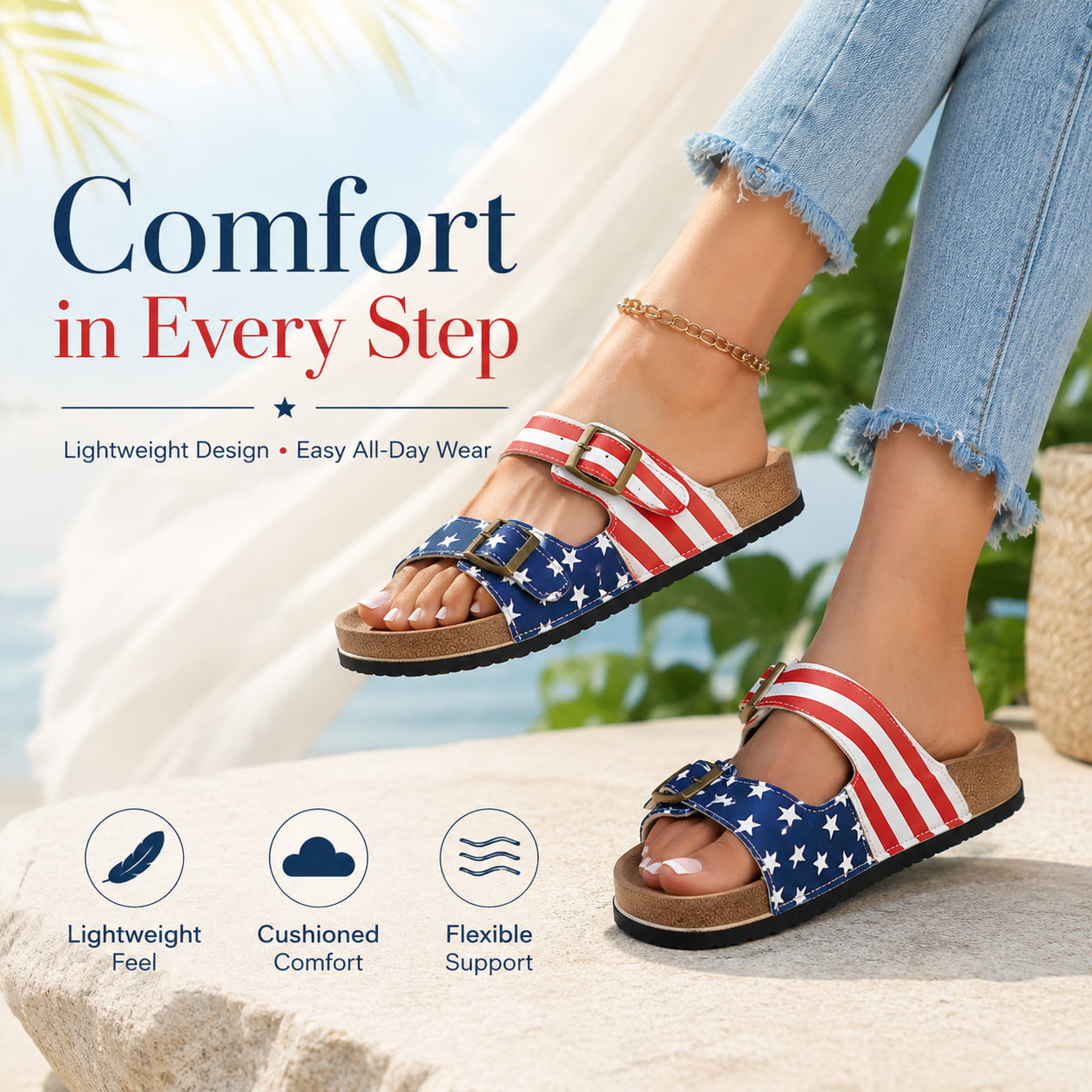 American Flag Two‑Strap Cork Sandals