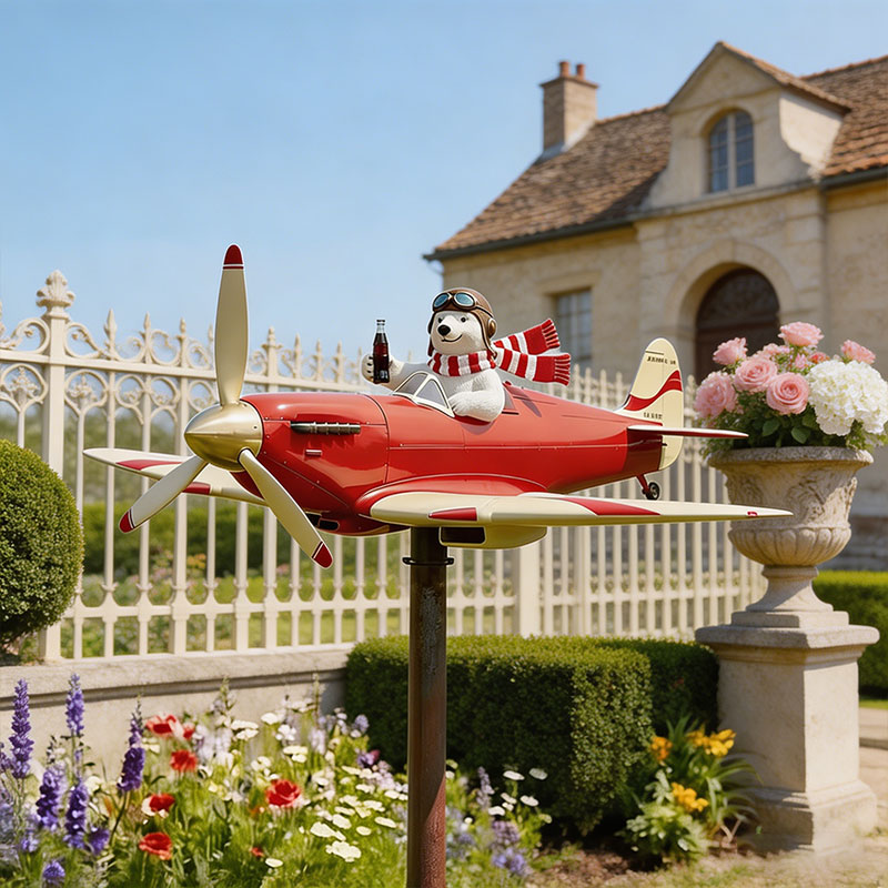 🐻✈️ Polar Bear Pilot Airplane Wind Spinner – Whimsical Garden Decor ✨
