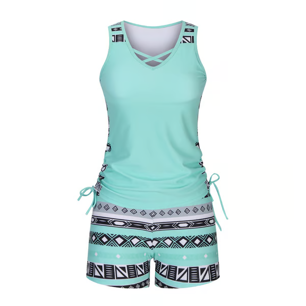 Women's Tummy Control Tankini Set with Built-In Bra – Flattering Boho Swimwear with Shorts