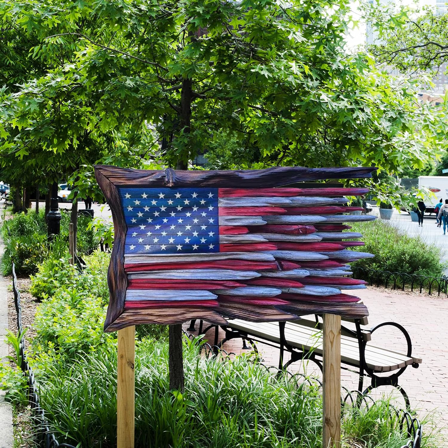 Handmade Wooden 3D Honor US Flag Garden Decoration