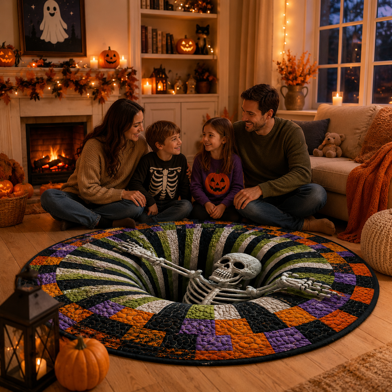 ⏰LAST DAY SALE🔥3D Skeleton Vortex Quilted Round Halloween Rug