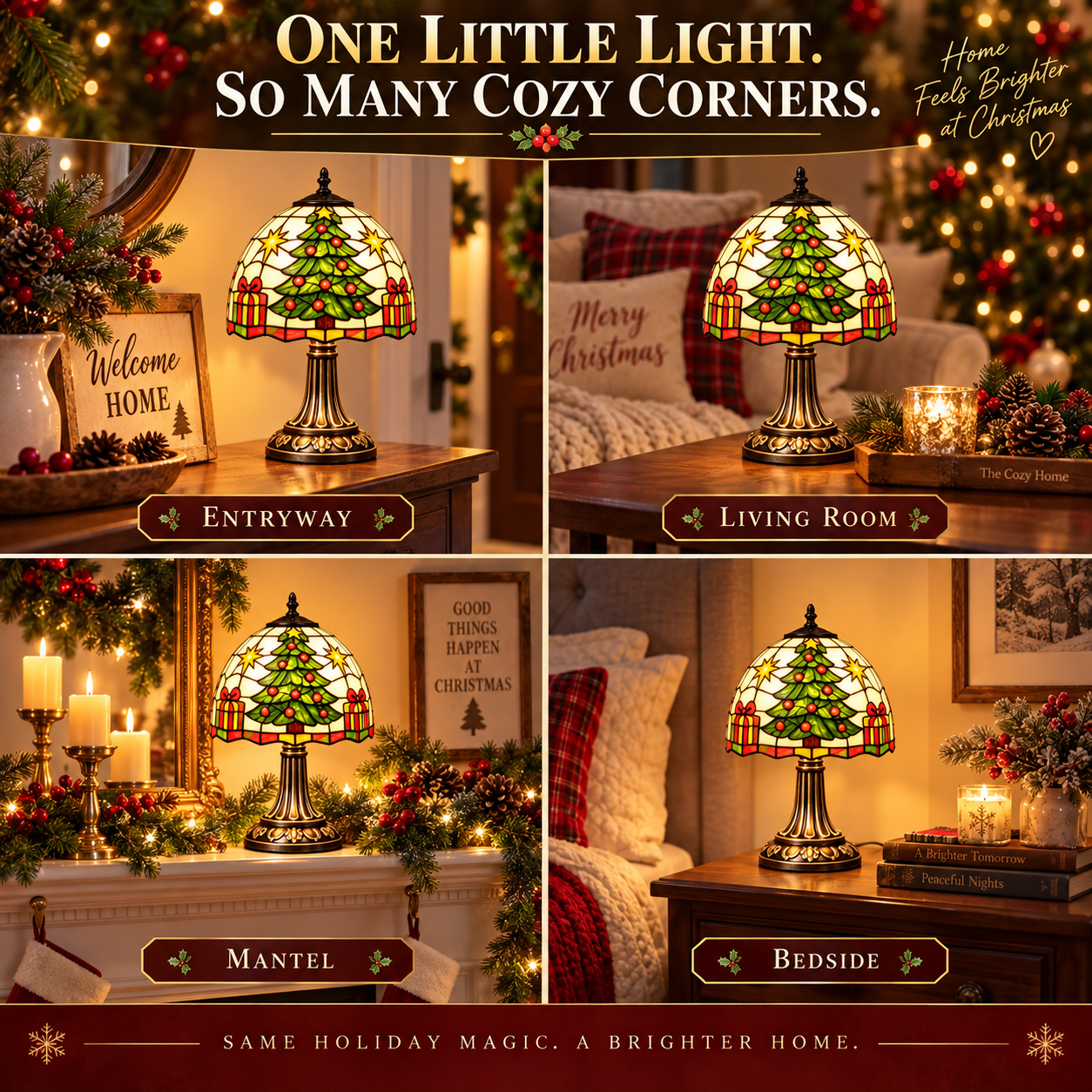 Vintage Christmas Tree Stained-Glass Style Table Lamp