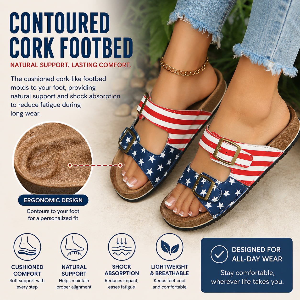 American Flag Two‑Strap Cork Sandals