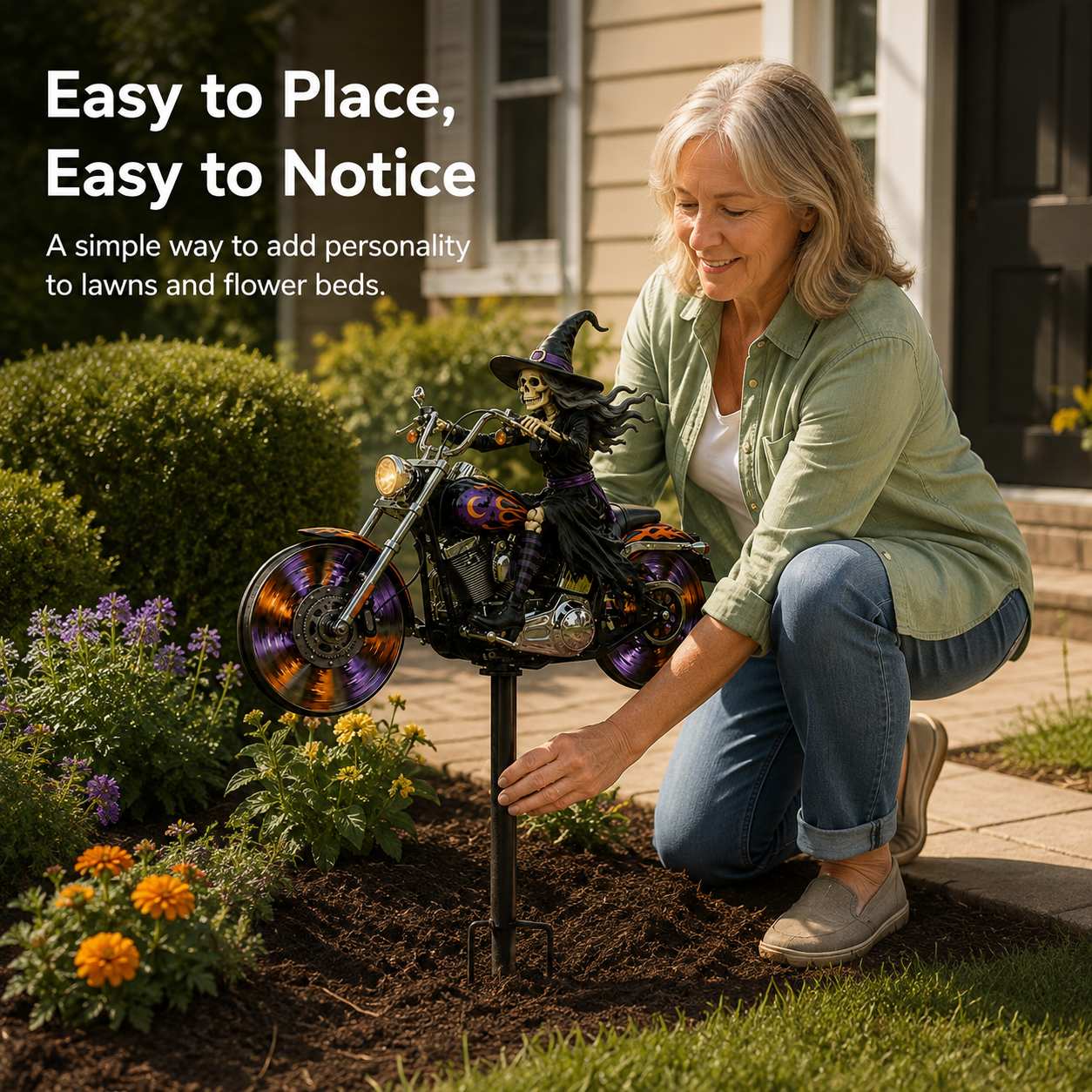 Spooky Motorcycle Garden Stake – Eye-Catching Halloween Yard Décor in 4 Character Styles
