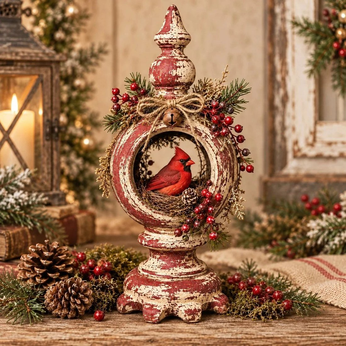 🐦 Vintage Christmas Bird Nest Decor | 7 Winter Bird Styles with Rustic Pedestal, Greenery & Bell Details 🎄