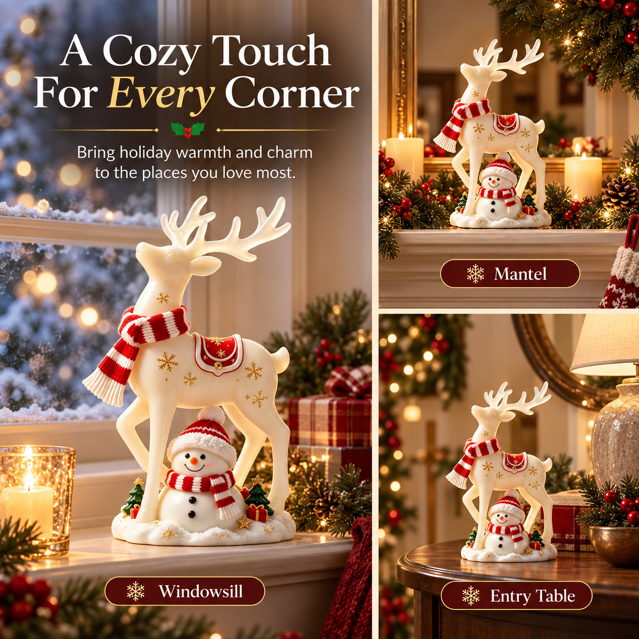 Christmas Reindeer & Snowman Lighted Figurine