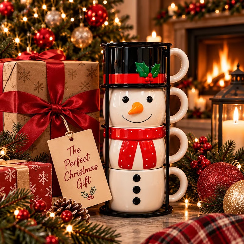 Stackable Christmas Mug Set – Festive Coffee Cups & Holiday Kitchen Decor