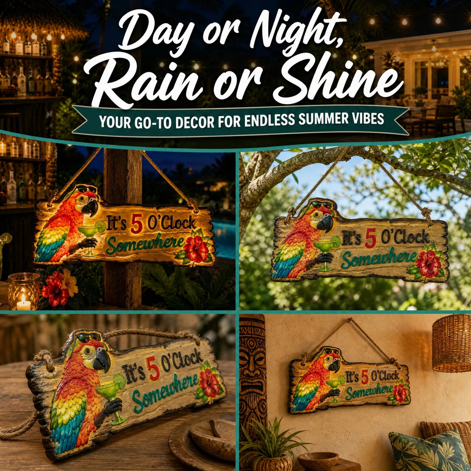 5 O’Clock Somewhere Parrot Hanging Sign – Tropical Bar Décor for Patio, Poolside & Home B