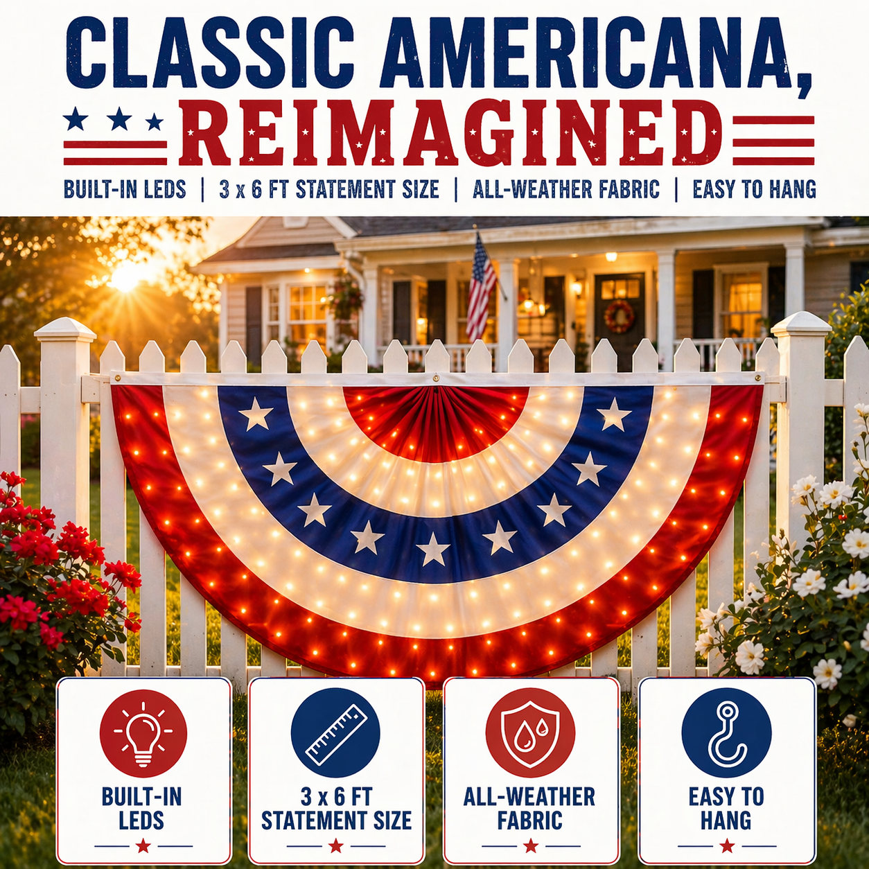 🔥2️⃣5️⃣0️⃣ Hot Sale - 3 x 6 Ft LED Patriotic Bunting Banner for America’s 250th