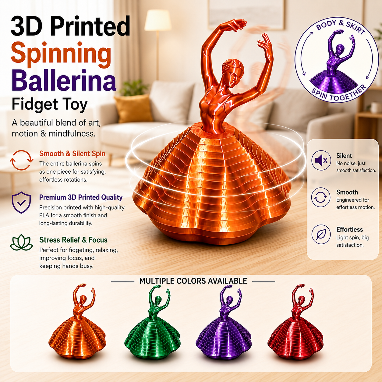 3D Printed Spinning Ballerina – Elegant Fidget Sculpture for Desk & Decor