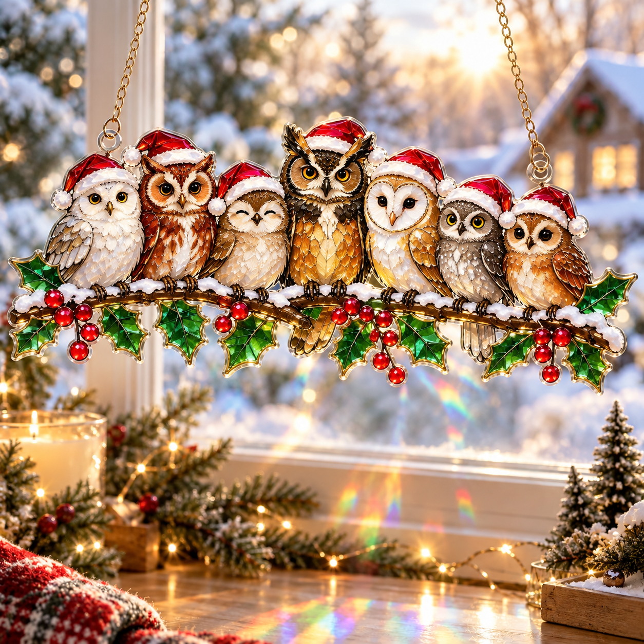 🦉 Christmas Owls Whimsical Winter acrylic Christmas suncatcher