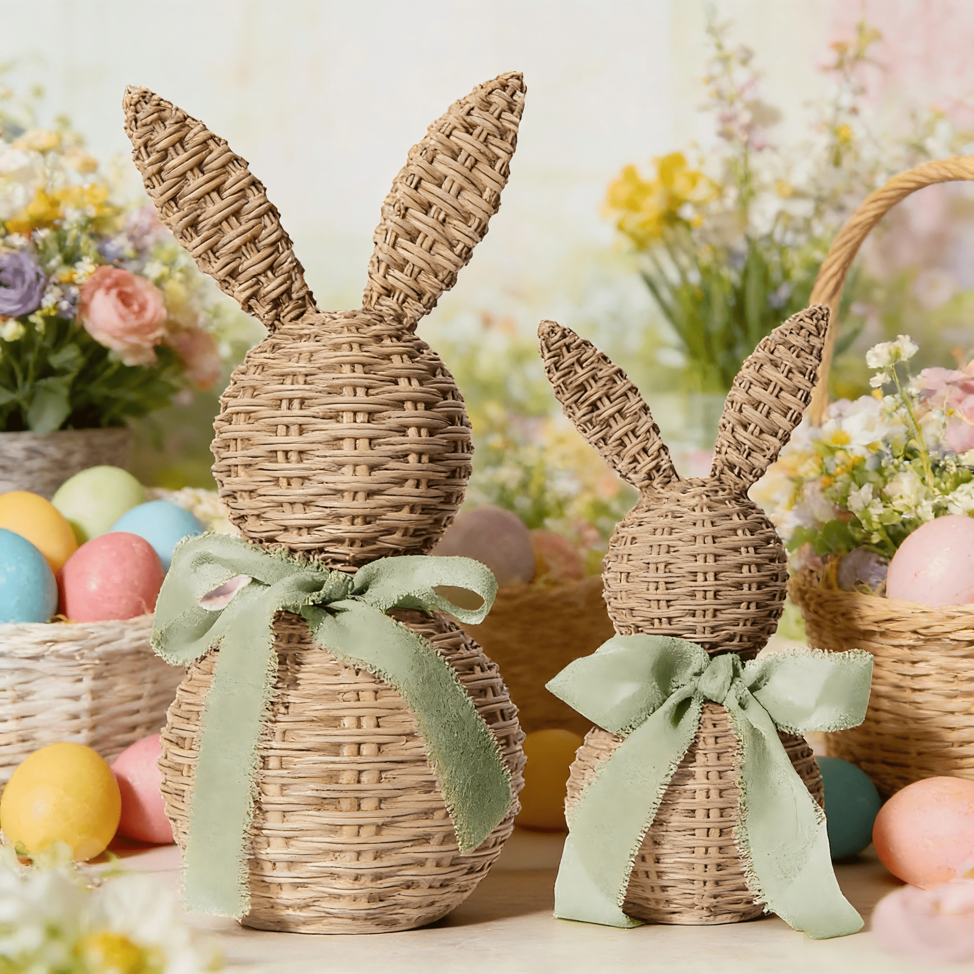 laqbezok 2Pcs Faux Wicker Easter Bunny Figurines, Rattan Effect Plastic Rabbit Statues with Blue Bows, Rustic Farmhouse Easter Table Centerpiece & Shelf Easter Decor