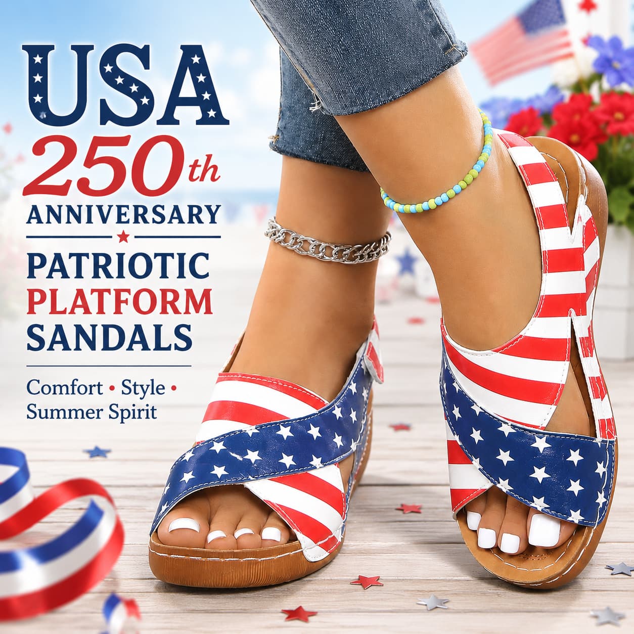 USA 250th Anniversary Patriotic Platform Women Sandals