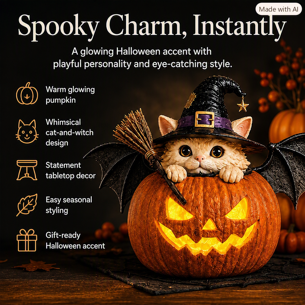 Cute Spooky Lighted Witch Cat Pumpkin Decor
