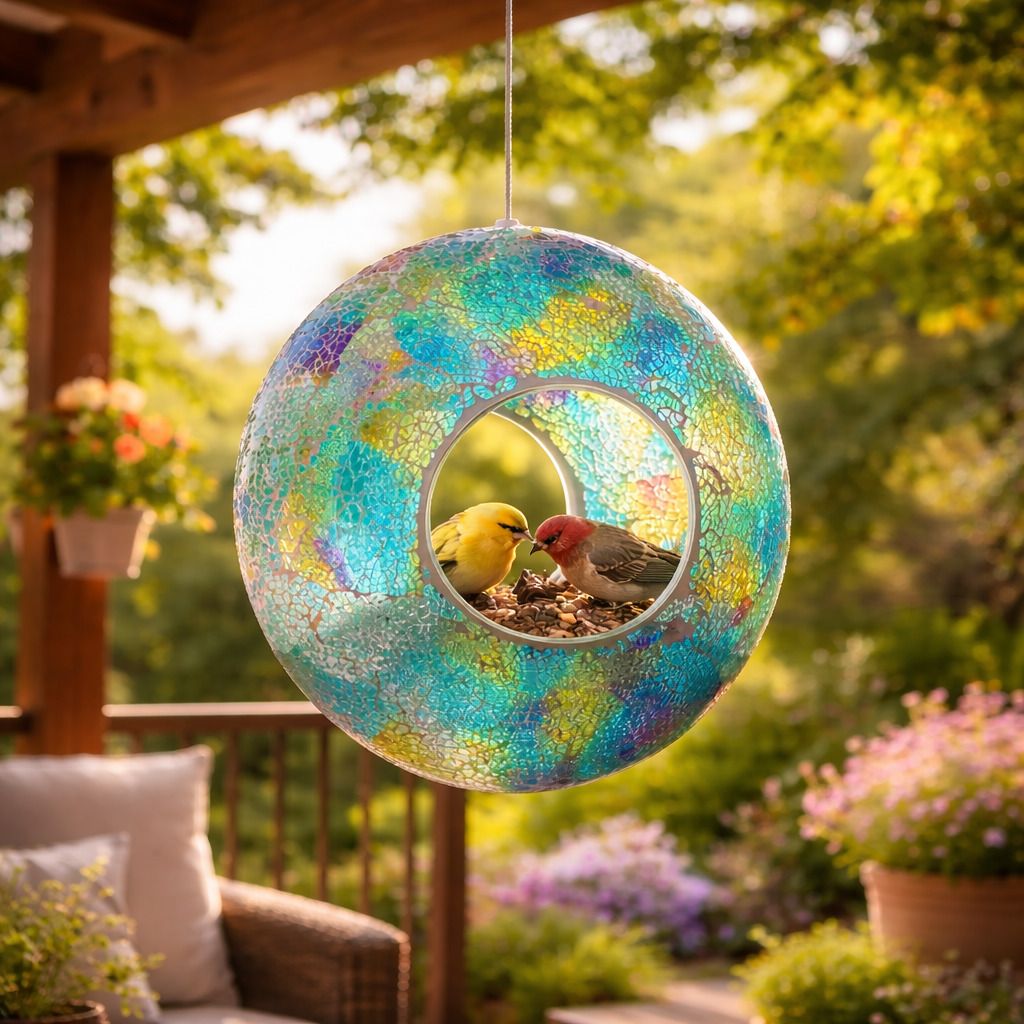 Mosaic Glass Hanging Bird Feeder – Colorful Outdoor Decor for Your Garden