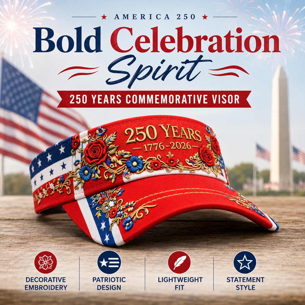 USA 250th Anniversary Embroidered Visor