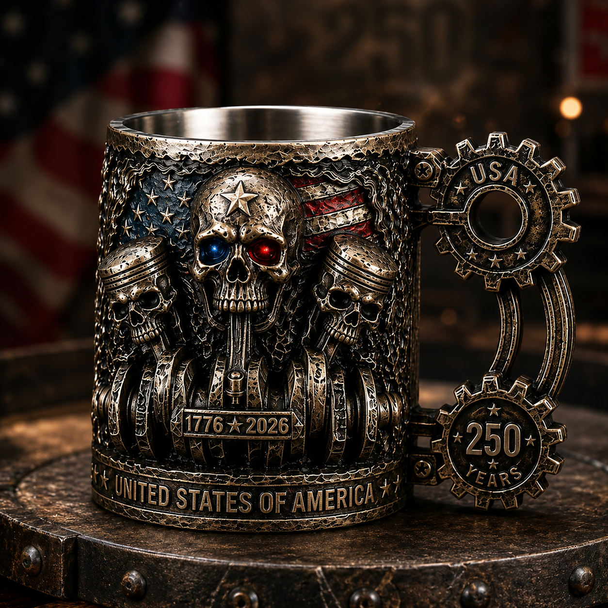 💀⚙️ Engine Skull Mug — 250th anniversary Patriotic Commemorative Edition
