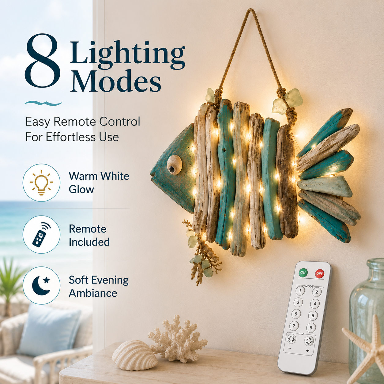 Eight warm white lighting modes with remote control