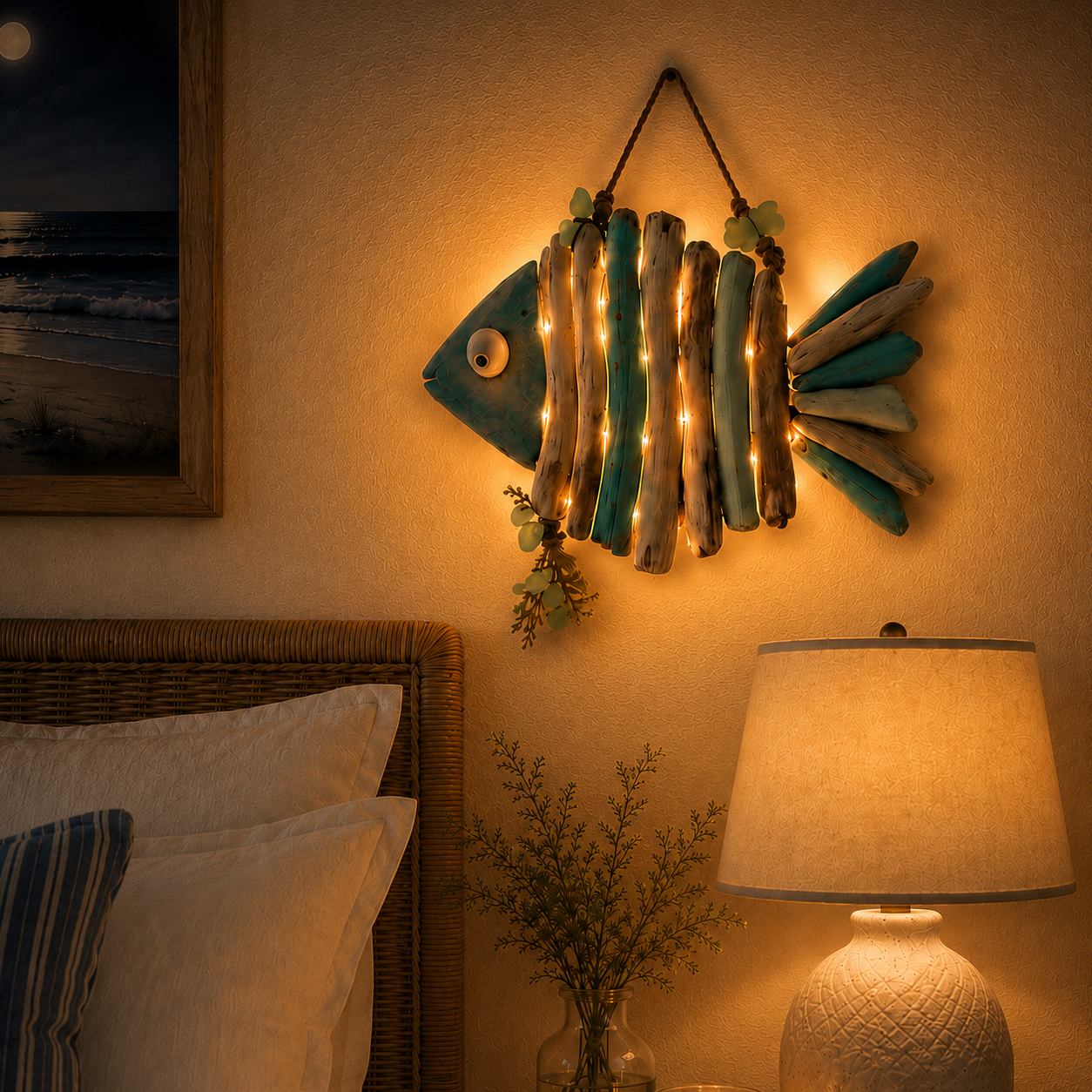Warm lighted coastal fish wall decor in a bedroom