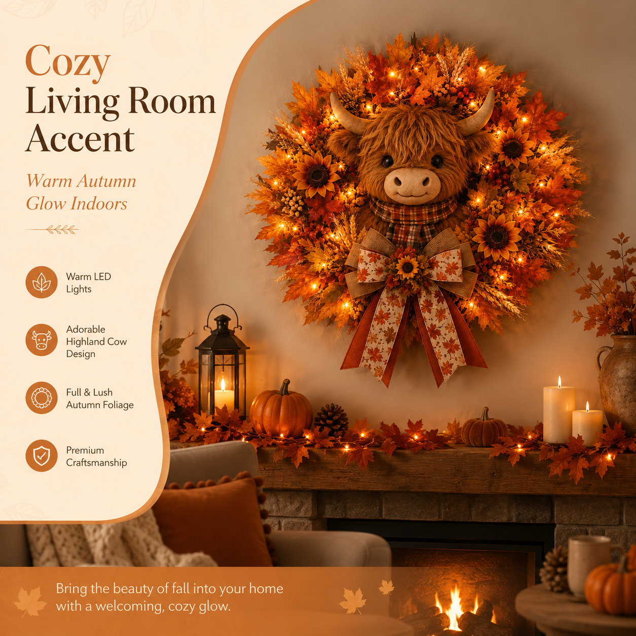 🍂🐮Autumn Highland cow wreath decoration with lights