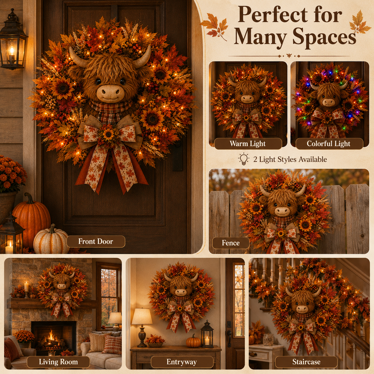 🍂🐮Autumn Highland cow wreath decoration with lights
